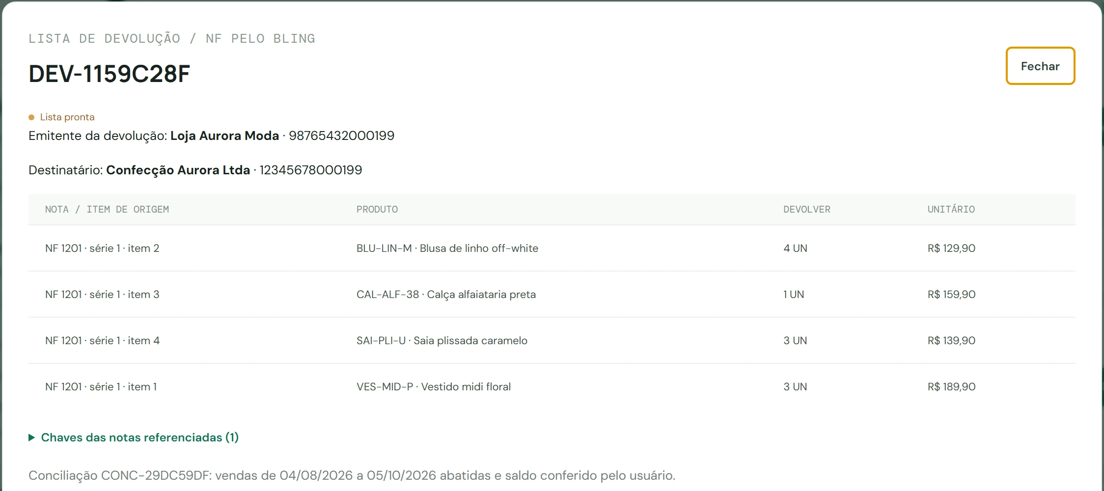Lista de devolução com os itens e a nota de origem.