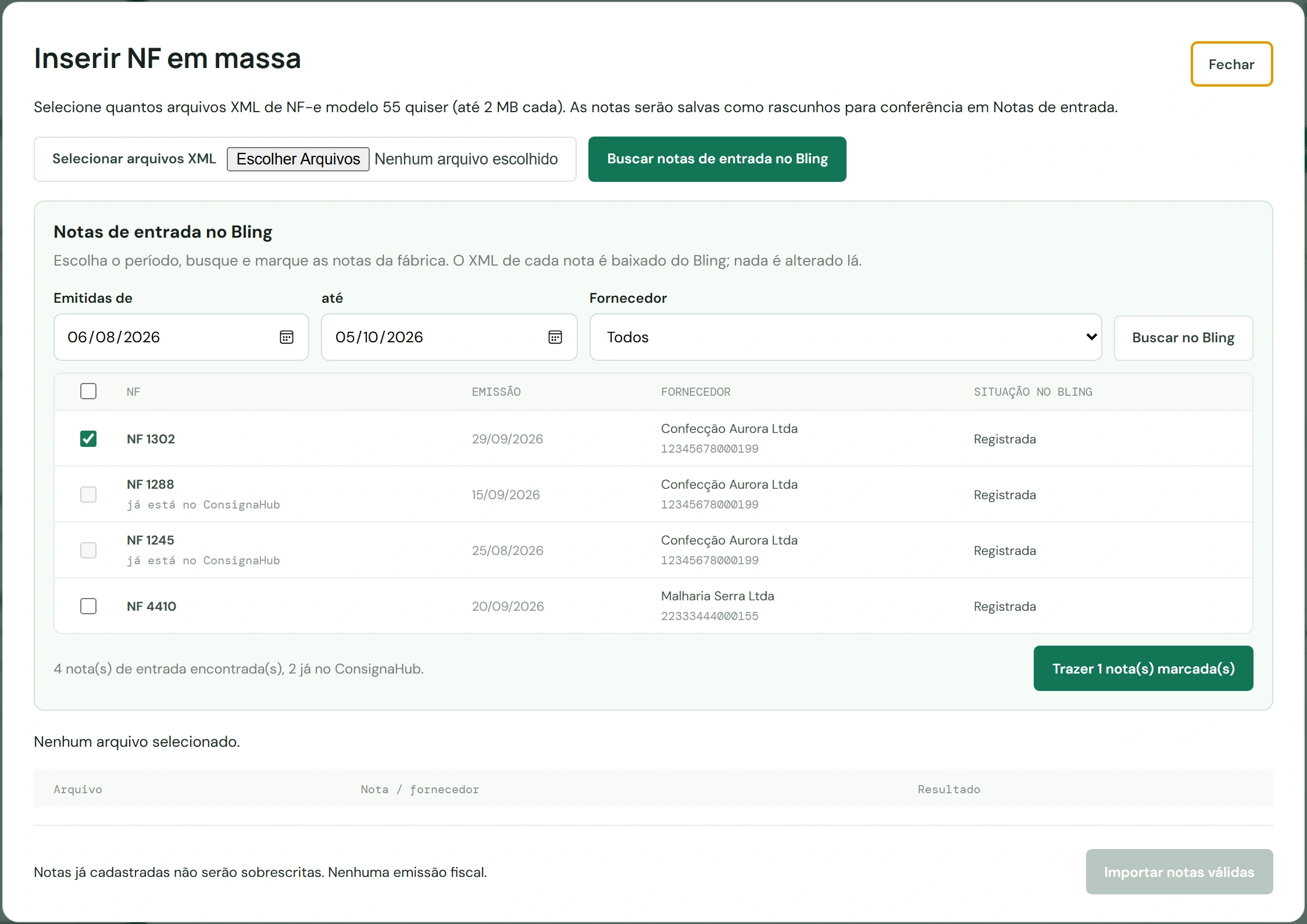 Busca de notas de entrada no Bling, com as notas da fábrica para marcar e trazer.