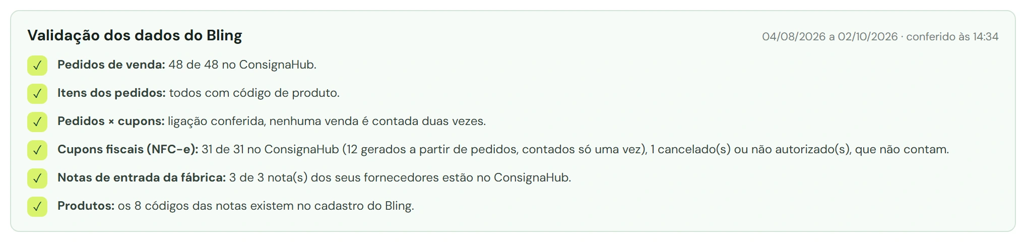 Relatório de validação dos dados do Bling.